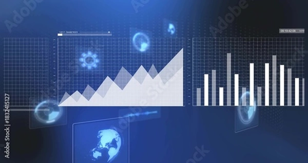 Obraz Displaying blue area or line and bar charts on digital dashboard, showing grid overlays and timestam