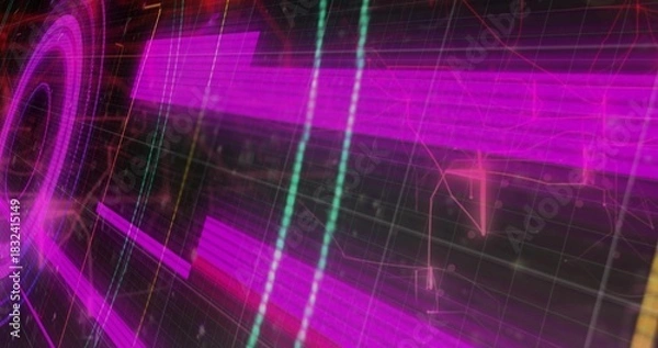 Obraz Displaying magenta neon bar array rotating in virtual 3D interface, with concentric ring and grid