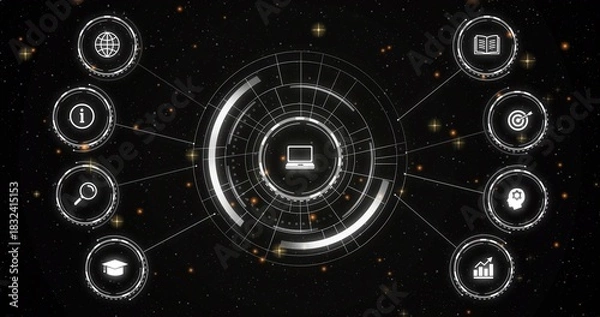 Obraz Displaying central multi-ring HUD with laptop icon in dark starfield, showing eight satellite nodes