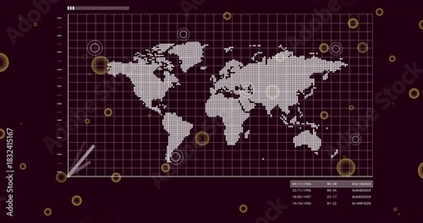 Obraz Displaying dotted world map and grid panel on maroon dashboard, with golden markers and data panel