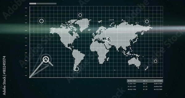 Obraz Showing console grid HUD tracking dotted pixel world map with markers, reticle sweep, datatable