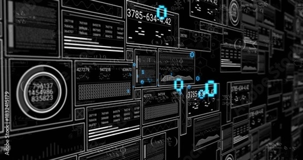 Obraz Displaying data panels and line graphs in digital control wall, showing cyan node markers