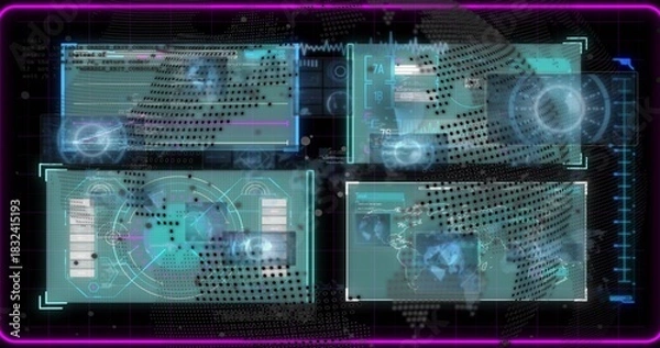 Obraz Displaying holographic quad panels centered on dark console, with world map, radar, code window