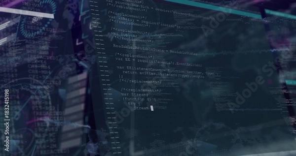 Fototapeta Displaying primary monitor showing source code and terminal text in dim workstation, with HUD