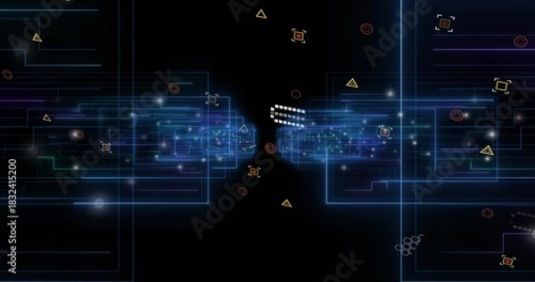 Obraz Displaying two luminous data clusters sending via white pixel bridge across cyber grid, neon frames