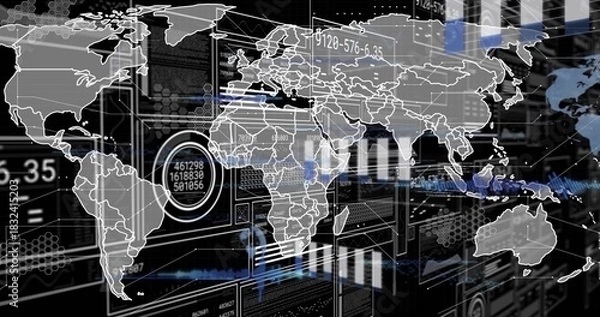 Obraz Displaying translucent world map overlay rotating over control-center dashboard, with HUD dials