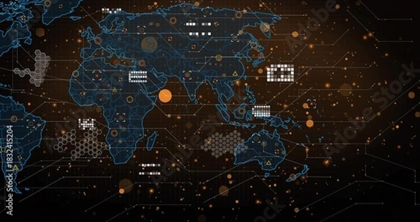 Obraz Displaying stylized world map on dashboard with hex clusters, data blocks, thin lines, orange nodes