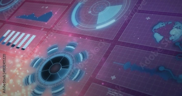 Obraz Displaying radial HUD left-center on holo grid showing radar, bar and line charts, globe, waveform