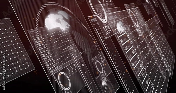 Fototapeta Displaying angled panels receding in diagonal HUD array, with globe, data columns and gauges