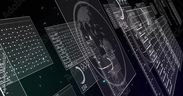 Fototapeta Projecting central circular HUD with silhouette inside rings in virtual space, showing panels