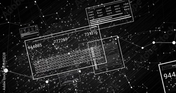 Fototapeta Displaying central data panel floating in digital space, showing keyboard grid, numeric IDs, nodes