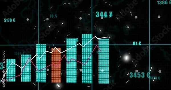 Obraz Displaying clustered bar chart on dark display, showing cyan bars, orange bar, white magenta trends