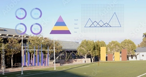 Obraz Displaying turf field at school with yard lines, two goalposts, building and floating data charts