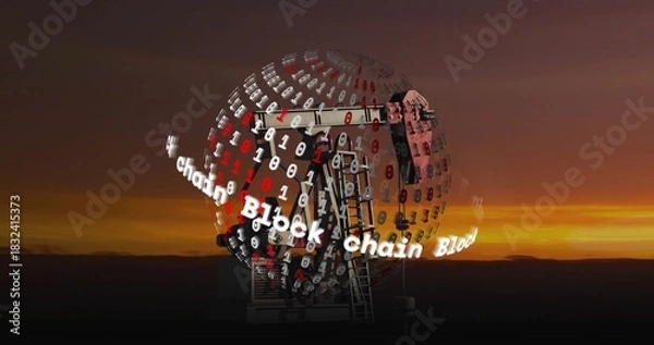 Obraz Glowing globe showing binary and scrolling Block chain on metal base with ladder, sunset sky