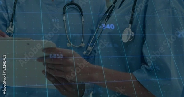 Fototapeta Tapping tablet, clinician in light blue scrubs at clinic, two stethoscopes and digital grid overlay