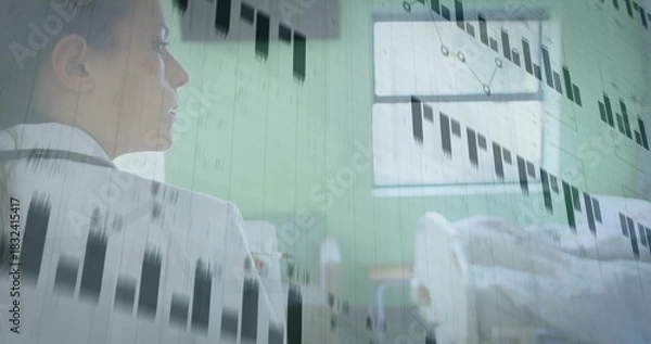 Fototapeta Checking doctor reviewing bed in ward, wearing white lab coat and stethoscope, overlay, copy space