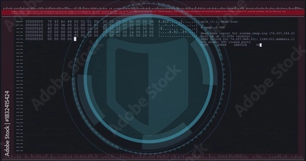 Obraz Displaying large stylized shield centered on dark security screen, with hex dump and Nmap output
