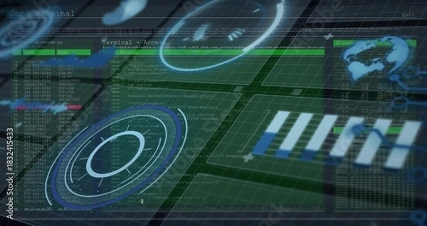 Obraz Displaying holographic interface filling virtual grid, showing green terminals, globe, data columns