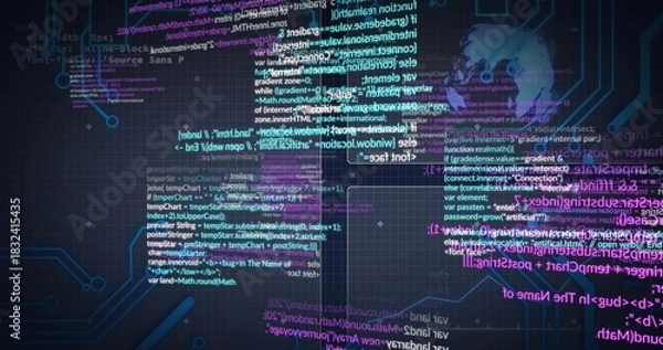 Fototapeta Displaying stylized globe shifting on dark grid hub, connecting neon source code panels and nodes