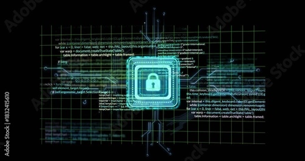 Obraz Glowing neon cyan padlock icon hovering within chip frames at virtual console, with grid traces