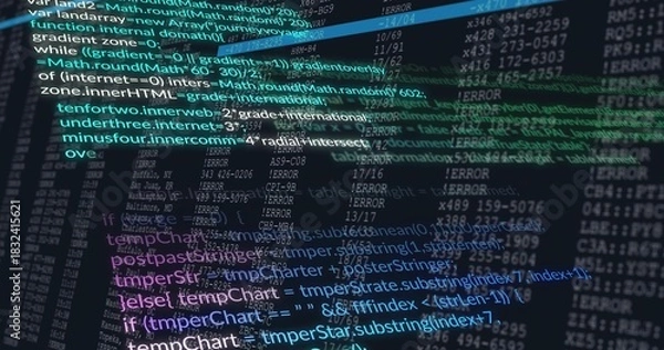 Obraz Glowing cluster of teal purple white code filling monitor, showing ERROR logs and data tables