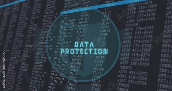Obraz Showing shield saying DATA PROTECTION on monitor showing code logs, ERRORs, cyan bar, rings