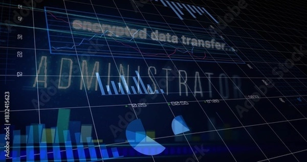 Obraz Projecting holographic ADMINISTRATOR dashboard over 3D grid plane, showing neon bar and line charts
