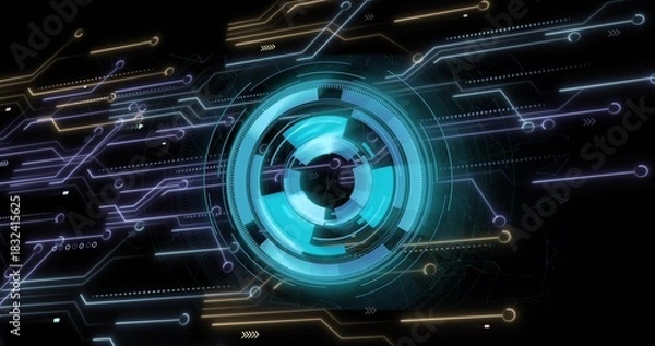 Fototapeta Rotating cyan holographic interface occupying central virtual void, showing neon circuit traces