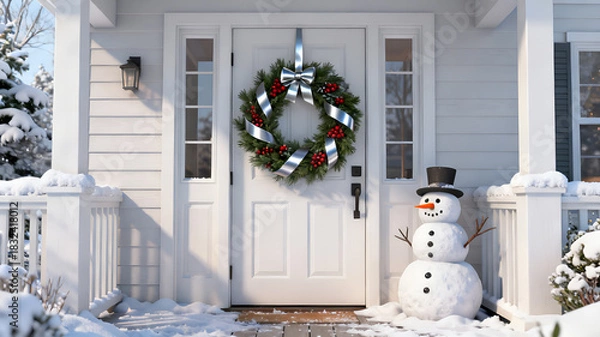 Fototapeta A charming white house decorated for Christmas with a wreath on the door and a snowman on the porch, surrounded by snow.
