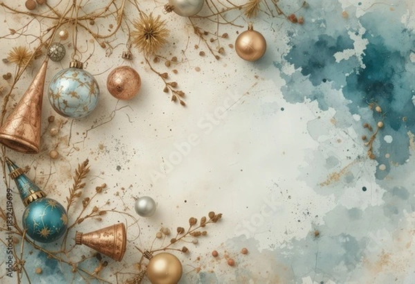 Fototapeta Elegant Christmas Ornaments Border with Vintage Gold and Teal Baubles on Watercolor Background  with Copy Space
