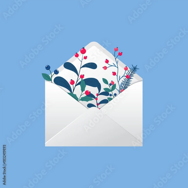 Fototapeta Winter holiday greeting card. Open envelope with leaves and berries. Envelope with branches and red berries. Winter plants
