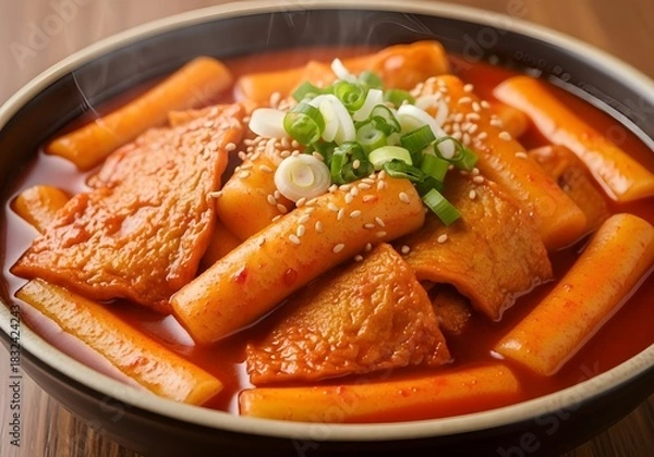 Fototapeta Picture Spicy Korean Tteokbokki Bowl, Authentic Korean Topokki Street Food, Hot and Spicy Tteokbokki Close-Up, Traditional Korean Rice Cake Dish, Cheesy Tteokbokki with Sauce