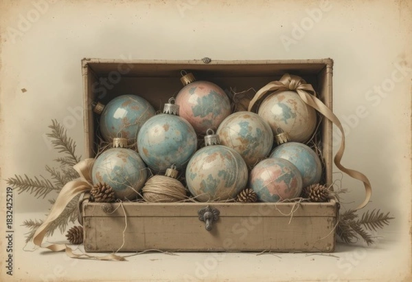 Fototapeta Charming vintage globe Christmas ornaments featuring old world maps in soft blue and pink hues, carefully placed within a worn, antique wooden chest. 