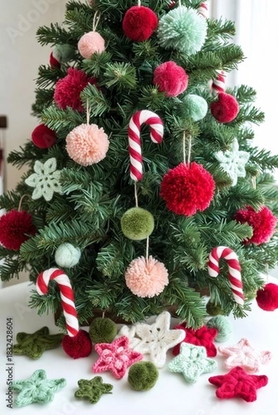 Fototapeta Vibrant green yarn Christmas tree decorated with colorful pom-poms, knitted candy canes, and soft star ornaments, cheerful handcrafted holiday design.