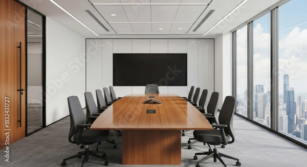 Fototapeta Spacious and elegant corporate boardroom featuring a sleek wooden conference table, ergonomic office chairs, a large display, and breathtaking urban vistas, ideal for professional gatherings.
