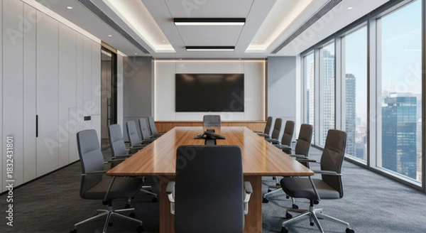 Fototapeta Contemporary Executive Boardroom with Elegant Wooden Table, Ergonomic Seating, and Expansive Cityscape Views, Ideal for High-Level Discussions and Productive Collaboration