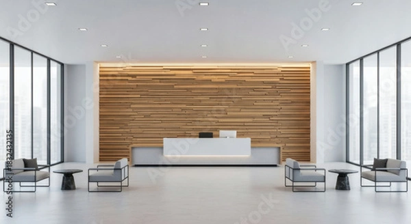 Fototapeta Modern Office Lobby Interior Contemporary Reception Desk, Elegant Wooden Accent Wall, Expansive Windows. Bright, Professional Business Welcome Space.
