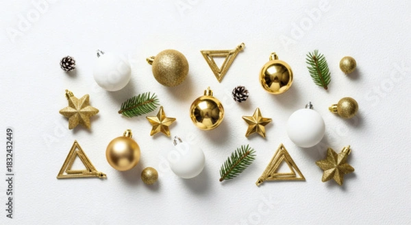 Fototapeta Elegant Gold and White Holiday Decorations Flat Lay Festive Baubles, Stars, and Pine Needles on a Clean Background