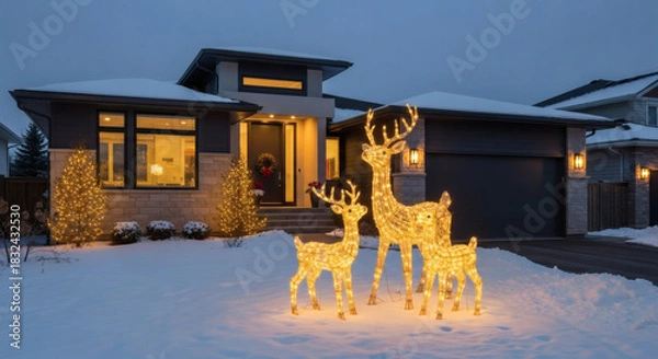Obraz A modern home beautifully adorned with glowing reindeer decorations in a snow-covered front yard, capturing the serene and festive spirit of the winter holidays.