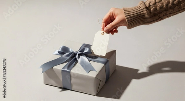 Obraz A hand adds a blank tag to a beautifully wrapped gift, symbolizing personal care and thoughtful preparation for a special occasion.