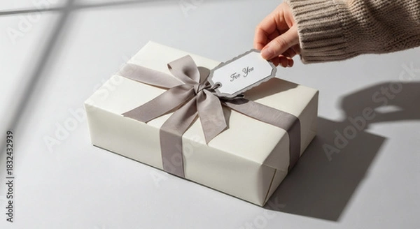 Fototapeta A beautifully wrapped present featuring a cream paper and grey ribbon, with a hand adding a thoughtful 'For You' gift tag, symbolizing care and celebration.