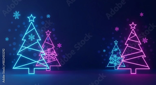 Fototapeta Radiant Holiday Glow Abstract Neon Christmas Trees with Luminous Snowflakes Illuminate a Mystical Winter Landscape, Perfect for Modern Festive Designs and Seasonal Greetings.