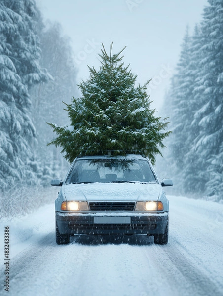 Obraz Car driving through snowy forest carrying christmas tree