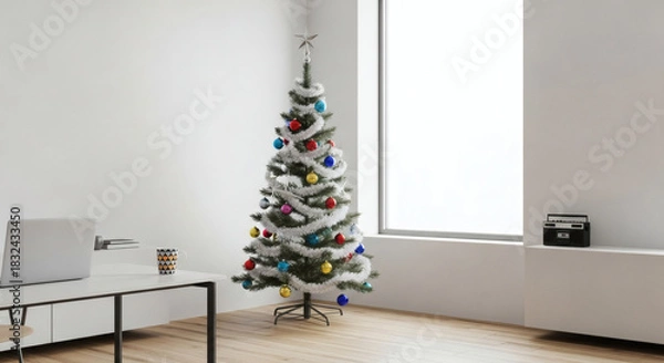Fototapeta Modern interior with a festive Christmas tree, minimalist workspace, laptop, and bright natural light, perfect for holiday season productivity and comfort.