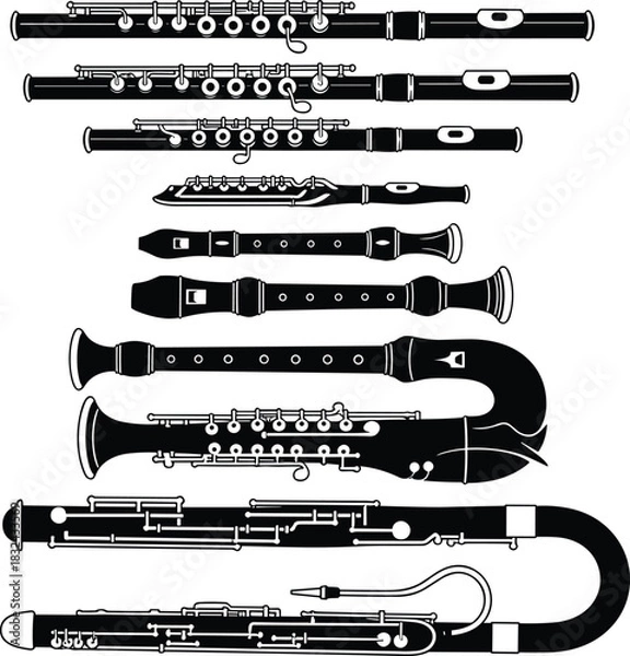 Obraz Black Silhouette Vector Set of Various Woodwind Instruments, Including Flutes, Clarinets, and Bassoons, Ideal for Orchestral Music, Educational, and Classical Concert Graphics