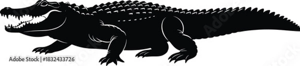 Obraz Detailed Black Silhouette Vector Illustration of an Angry Alligator or Crocodile with Open Mouth and Sharp Teeth, Ideal for Wildlife, Danger, Swamp, and Mascot Design Graphics