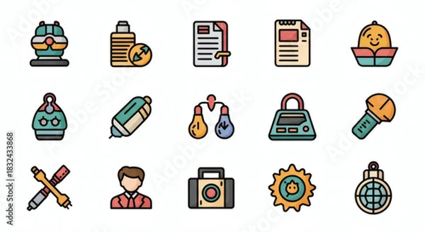 Fototapeta Diverse Vector Icon Set Essential Professional Tools, Creative Concepts, and Modern Elements for Business, Science, and Everyday Applications