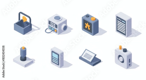 Fototapeta Isometric Digital Technology Devices Vector Collection Modern Electronic Gadgets, Industrial Control Units, Communication Tools, and Data Processing Equipment for Contemporary Design Projects.