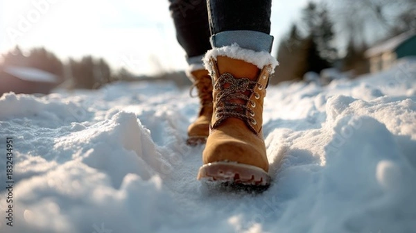 Fototapeta A close-up shot of a person wearing brown winter boots walking through fresh snow, showcasing the chilly, serene winter landscape.