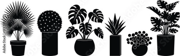 Obraz Black Silhouette Vector Set of Potted Indoor Houseplants, Including Monstera, Palm, and Succulents, Ideal for Home Decor, Interior Design Graphics, and Greenery Themes